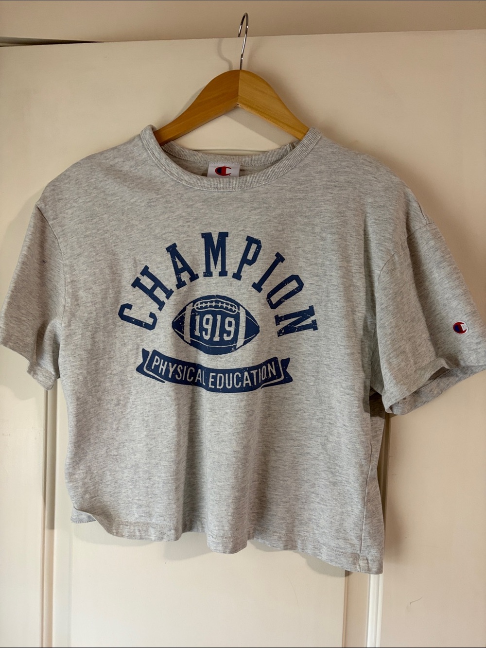 Champion Light Gray Crop Tee with Navy Football Graphic